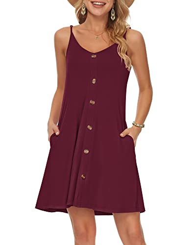 WNEEDU Damen Kleid Sommer Spaghettiträger Sommerkleid Kurze Strandkleider V Ausschnitt Leichte Freizeitkleid mit Taschen Weinrot S von WNEEDU