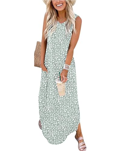 WNEEDU Damen Lang Strandkleider Sommer Maxi Kleider V-Ausschnitt Freizeitkleid Leichte Ärmellos Sommerkleider mit Taschen,Grüner Fleck M von WNEEDU