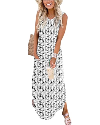 WNEEDU Damen Lang Strandkleider Sommer Maxi Kleider V-Ausschnitt Freizeitkleid Leichte Ärmellos Sommerkleider mit Taschen,Schwarz-weiße Blätter M von WNEEDU