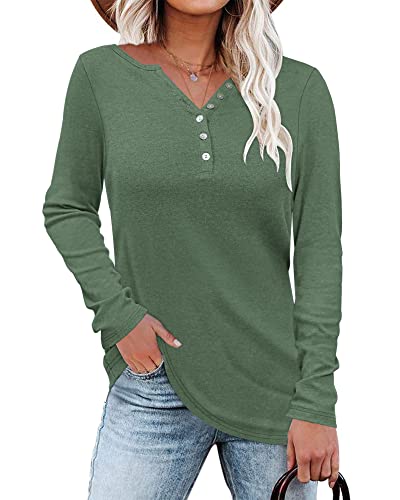 WNEEDU Damen Langarm Henley Shirt Leichte Pullover V-Ausschnitt Oberteile Bluse mit Knöpfe von WNEEDU