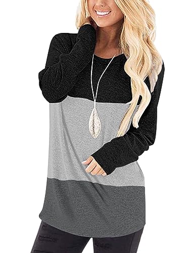 WNEEDU Damen Langarm T-Shirt Leicht Oberteile Lose Langarmshirt Tunika Casual Bluse Rundhals Tops Schwarz Grau Dunkelgrau 3XL von WNEEDU