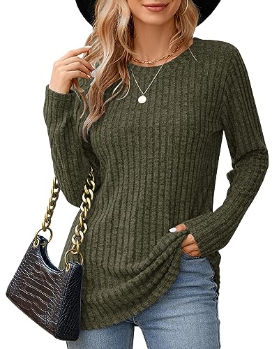 WNEEDU Damen Langarm Tops Leichte Rundhals Sweatshirts Lässige Langarmshirt für Frauen Herbst Strickpullover Winter Sweater Tunika Oberteile Pullover Armeegrün 2XL von WNEEDU