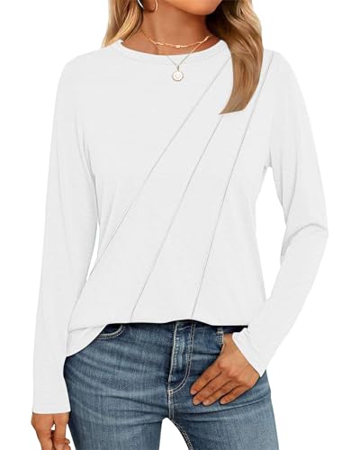 WNEEDU Damen Langarmshirt Lose Rundhals Pullover Damen Sweatshirt Oberteile Herbst Winter Casual Falten Tunika Tops Beige M von WNEEDU