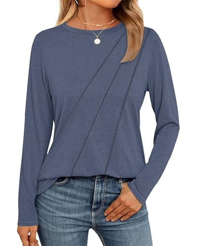 WNEEDU Damen Langarmshirt Lose Rundhals Pullover Damen Sweatshirt Oberteile Herbst Winter Casual Falten Tunika Tops Grau Blau L von WNEEDU