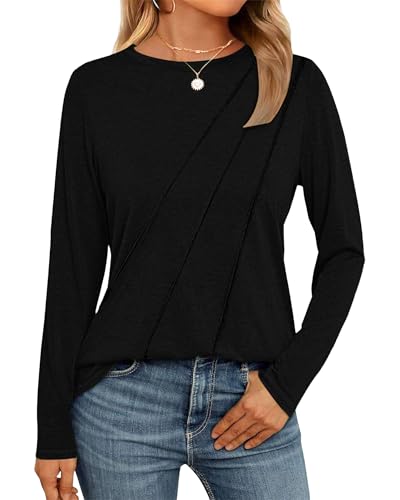 WNEEDU Damen Langarmshirt Lose Rundhals Pullover Damen Sweatshirt Oberteile Herbst Winter Casual Falten Tunika Tops Schwarz 2XL von WNEEDU