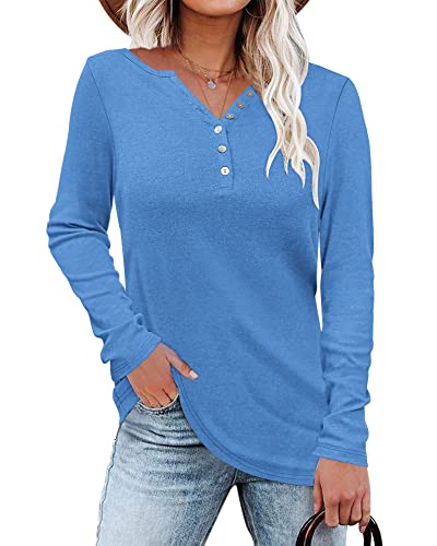 WNEEDU Damen Langarmshirt Henley Shirt Langarm Lässig T-Shirt V-Ausschnitt Bluse Knöpfe Pullover von WNEEDU