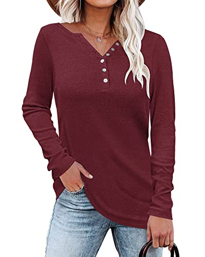 WNEEDU Damen Langarmshirt Henley Shirt Langarm Lässig T-Shirt V-Ausschnitt Bluse Knöpfe Pullover von WNEEDU