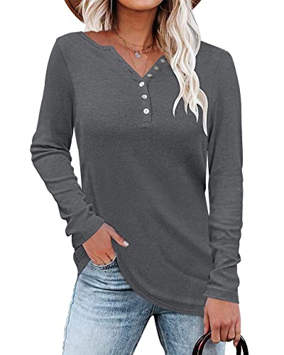 WNEEDU Damen Langarmshirt Henley Shirt Langarm Lässig T-Shirt V-Ausschnitt Bluse Knöpfe Pullover von WNEEDU