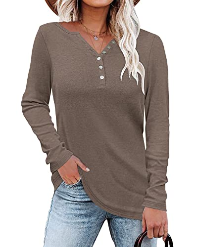 WNEEDU Damen Langarmshirt Henley Shirt Langarm Lässig T-Shirt V-Ausschnitt Bluse Knöpfe Pullover von WNEEDU