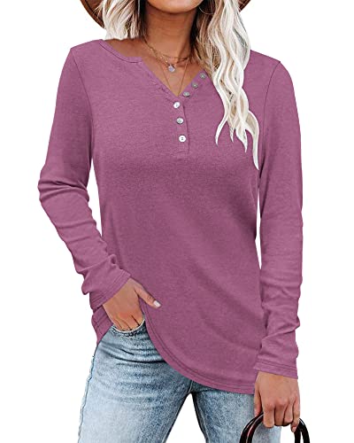 WNEEDU Damen Langarmshirt Henley Shirt Langarm Lässig T-Shirt V-Ausschnitt Bluse Knöpfe Pullover von WNEEDU