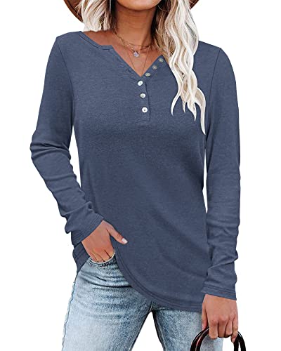 WNEEDU Damen Langarmshirt Henley Shirt Langarm Lässig T-Shirt V-Ausschnitt Bluse Knöpfe Pullover von WNEEDU