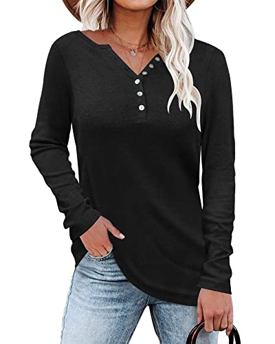WNEEDU Damen Langarmshirt Henley Shirt Langarm Lässig T-Shirt V-Ausschnitt Bluse Knöpfe Pullover von WNEEDU