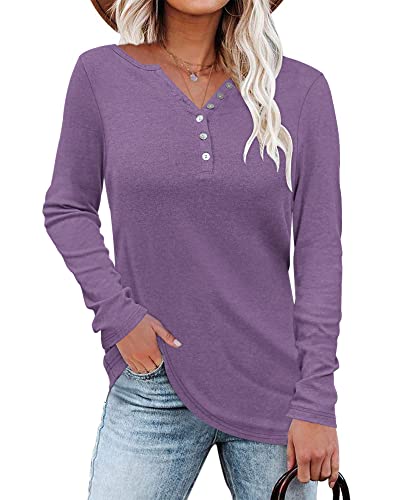 WNEEDU Damen Langarmshirt Henley Shirt Langarm Lässig T-Shirt V-Ausschnitt Bluse Knöpfe Pullover von WNEEDU