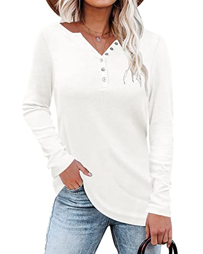 WNEEDU Damen Langarmshirt Henley Shirt Langarm Lässig T-Shirt V-Ausschnitt Bluse Knöpfe Pullover von WNEEDU