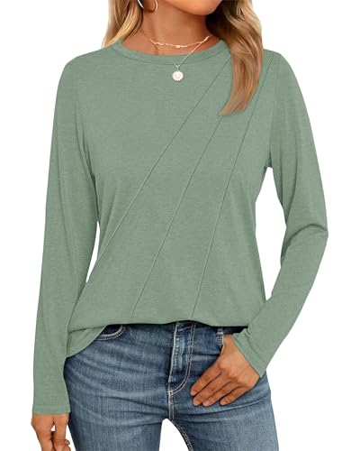 WNEEDU Damen Langarmshirt Lose Rundhals Pullover Damen Sweatshirt Oberteile Herbst Winter Casual Falten Tunika Tops Erbsengrün S von WNEEDU