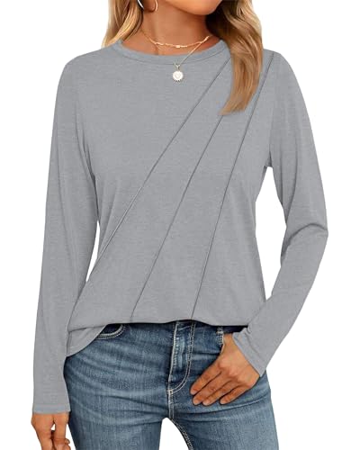 WNEEDU Damen Langarmshirt Lose Rundhals Pullover Damen Sweatshirt Oberteile Herbst Winter Casual Falten Tunika Tops Hellgrau M von WNEEDU