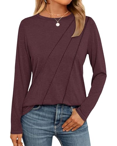 WNEEDU Damen Langarmshirt Lose Rundhals Pullover Damen Sweatshirt Oberteile Herbst Winter Casual Falten Tunika Tops Weinrot S von WNEEDU