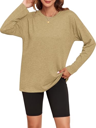 WNEEDU Damen Langarmshirt Oversize Pullover Damen Blusen Tops Athletisches Langarm T-Shirt mit festem Oberteil Casual Rundhalsausschnitt Frühling Herbst Damen von WNEEDU