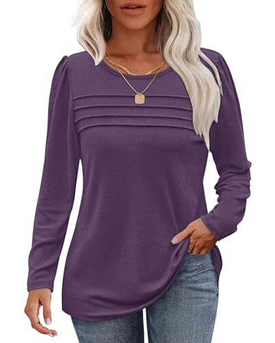 WNEEDU Damen Langarmshirt Rundhals Lässige Lose Pullover Damen Trendy Falten Sweatshirt Herbst Winter Puli Oberteile Bluse Tunika Tops Grau Lila S von WNEEDU