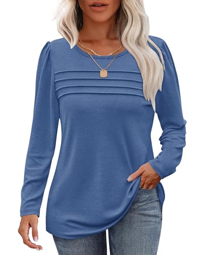 WNEEDU Damen Langarmshirt Rundhals Lässige Lose Pullover Damen Trendy Falten Sweatshirt Herbst Winter Puli Oberteile Bluse Tunika Tops Himmelblau L von WNEEDU
