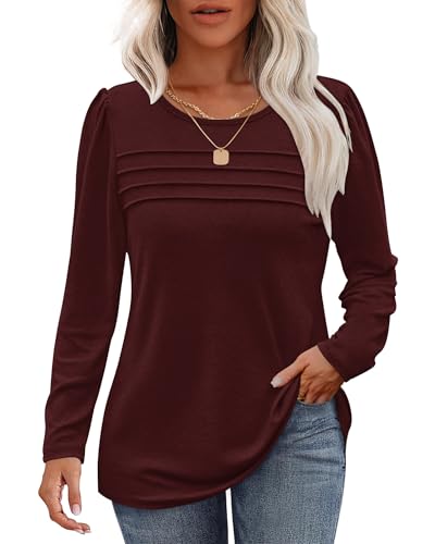 WNEEDU Damen Langarmshirt Rundhals Lässige Lose Pullover Damen Trendy Falten Sweatshirt Herbst Winter Puli Oberteile Bluse Tunika Tops Weinrot L von WNEEDU