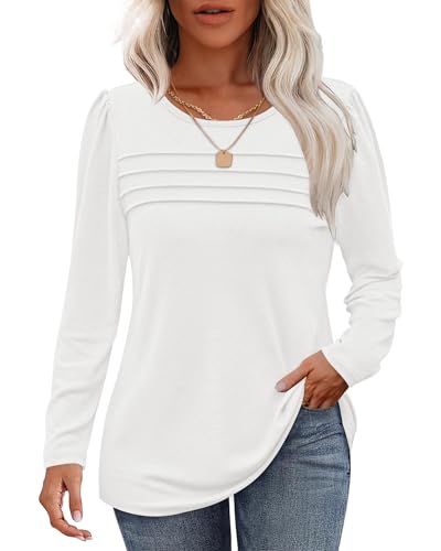 WNEEDU Damen Langarmshirt Rundhals Lässige Lose Pullover Damen Trendy Falten Sweatshirt Herbst Winter Puli Oberteile Bluse Tunika Tops Weiß 2XL von WNEEDU