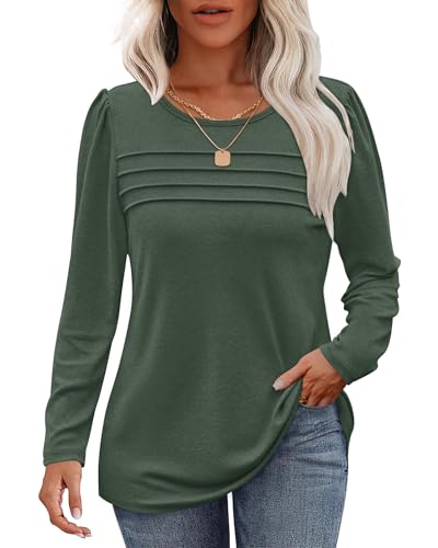 WNEEDU Damen Langarmshirt Rundhals Lässige Lose Pullover Damen Trendy Falten Sweatshirt Herbst Winter Puli Oberteile Bluse Tunika Tops Grün 2XL von WNEEDU
