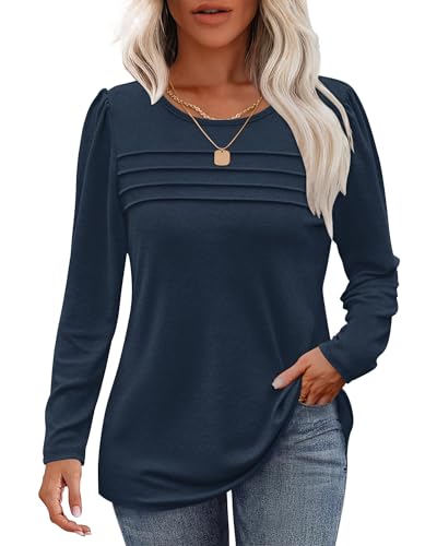 WNEEDU Damen Langarmshirt Rundhals Lässige Lose Pullover Damen Trendy Falten Sweatshirt Herbst Winter Puli Oberteile Bluse Tunika Tops Marineblau 2XL von WNEEDU