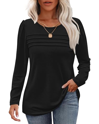 WNEEDU Damen Langarmshirt Rundhals Lässige Lose Pullover Damen Trendy Falten Sweatshirt Herbst Winter Puli Oberteile Bluse Tunika Tops Schwarz XL von WNEEDU