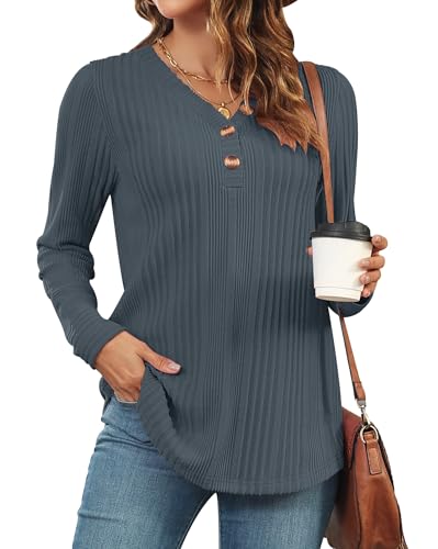 WNEEDU Damen Langarmshirts Lockere Tunika Dünner Herbstpullover mit Knöpfen Grau M von WNEEDU