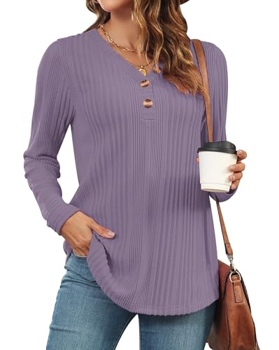 WNEEDU Damen Langarmshirts Lockere Tunika Dünner Herbstpullover mit Knöpfen Hellviolett M von WNEEDU
