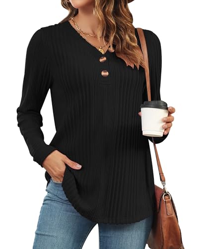 WNEEDU Damen Langarmshirts Lockere Tunika Dünner Herbstpullover mit Knöpfen Schwarz M von WNEEDU