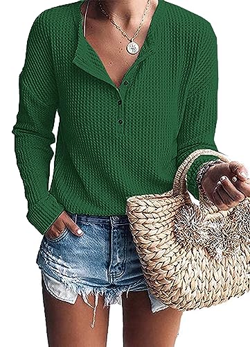 WNEEDU Damen Leichte Pullover Langarm Waffelstrick Tunika Henley Shirt mit Knöpfe von WNEEDU