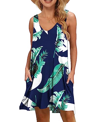 WNEEDU Damen Leichte Sommerkleid V-Ausschnit Swing Tank-Kleid Ärmellos Strandkleid Knielang mit Taschen(Blau Drucken,2XL) von WNEEDU