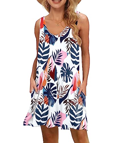 WNEEDU Damen Leichte Sommerkleid V-Ausschnit Swing Tank-Kleid Ärmellos Strandkleid Knielang mit Taschen(Blauer Wegerich,M) von WNEEDU