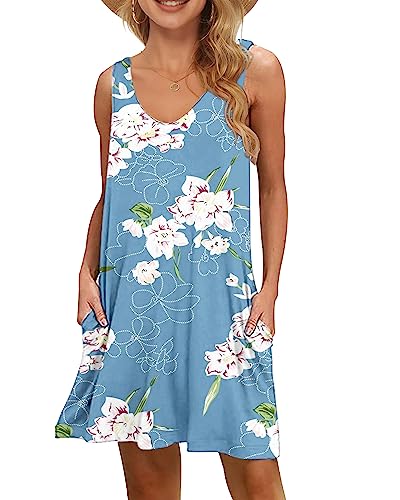 WNEEDU Damen Leichte Sommerkleid V-Ausschnit Swing Tank-Kleid Ärmellos Strandkleid Knielang mit Taschen(Blumen Hellblau,XL) von WNEEDU