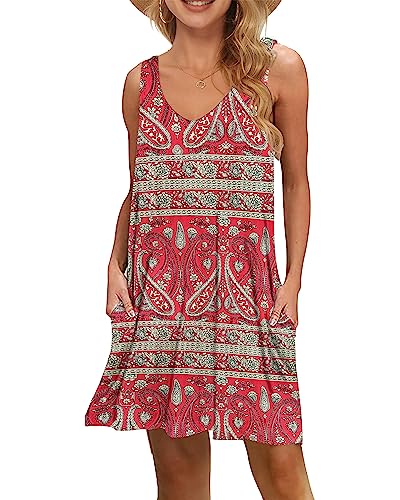 WNEEDU Damen Leichte Sommerkleid V-Ausschnit Swing Tank-Kleid Ärmellos Strandkleid Knielang mit Taschen(Boho Rot Floral,XXL) von WNEEDU