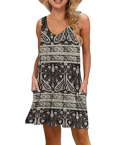 WNEEDU Damen Leichte Sommerkleid V-Ausschnit Swing Tank-Kleid Ärmellos Strandkleid Knielang mit Taschen(Boho Schwarz Floral,M) von WNEEDU