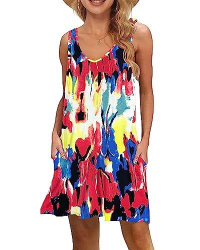 WNEEDU Damen Leichte Sommerkleid V-Ausschnit Swing Tank-Kleid Ärmellos Strandkleid Knielang mit Taschen(Bunt,L) von WNEEDU