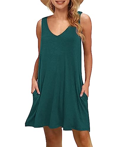 WNEEDU Damen Leichte Sommerkleid V-Ausschnit Swing Tank-Kleid Ärmellos Strandkleid Knielang mit Taschen(Dunkelgrün,XXL) von WNEEDU