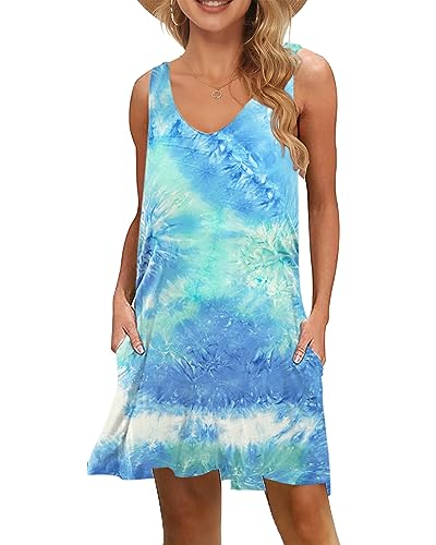 WNEEDU Damen Leichte Sommerkleid V-Ausschnit Swing Tank-Kleid Ärmellos Strandkleid Knielang mit Taschen(Gefärbt Blau Grün Weiß,S) von WNEEDU