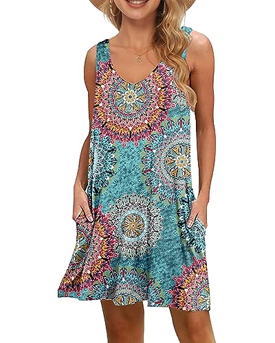 WNEEDU Damen Leichte Sommerkleid V-Ausschnit Swing Tank-Kleid Ärmellos Strandkleid Knielang mit Taschen(Grün Drucken,2XL) von WNEEDU