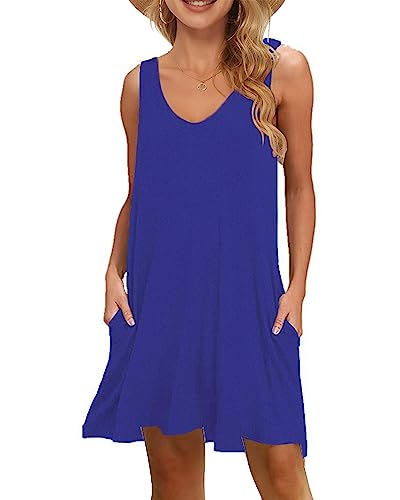 WNEEDU Damen Leichte Sommerkleid V-Ausschnit Swing Tank-Kleid Ärmellos Strandkleid Knielang mit Taschen(Königsblau,L) von WNEEDU