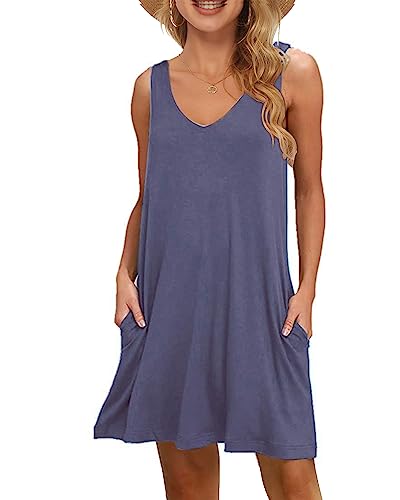 WNEEDU Damen Leichte Sommerkleid V-Ausschnit Swing Tank-Kleid Ärmellos Strandkleid Knielang mit Taschen(Lila Grau,L) von WNEEDU