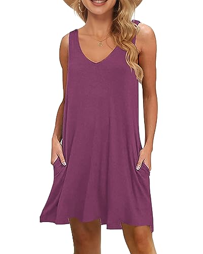 WNEEDU Damen Leichte Sommerkleid V-Ausschnit Swing Tank-Kleid Ärmellos Strandkleid Knielang mit Taschen von WNEEDU