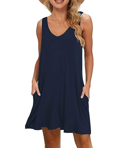 WNEEDU Damen Leichte Sommerkleid V-Ausschnit Swing Tank-Kleid Ärmellos Strandkleid Knielang mit Taschen(Navy Blau,L) von WNEEDU