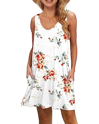 WNEEDU Damen Leichte Sommerkleid V-Ausschnit Swing Tank-Kleid Ärmellos Strandkleid Knielang mit Taschen(Rose Weiß,L) von WNEEDU