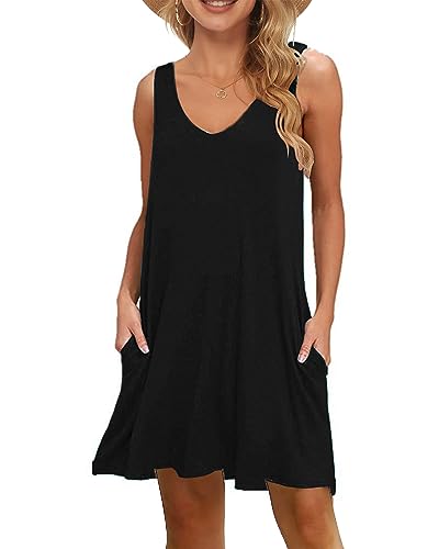 WNEEDU Damen Leichte Sommerkleid V-Ausschnit Swing Tank-Kleid Ärmellos Strandkleid Knielang mit Taschen(Schwarz,L) von WNEEDU