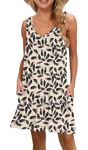 WNEEDU Damen Leichte Sommerkleid V-Ausschnit Swing Tank-Kleid Ärmellos Strandkleid Knielang mit Taschen von WNEEDU