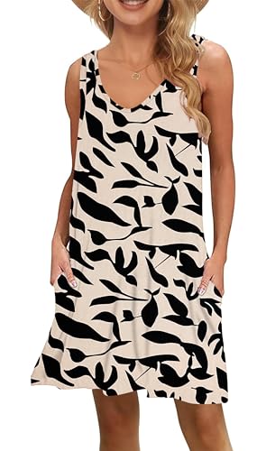 WNEEDU Damen Leichte Sommerkleid V-Ausschnit Swing Tank-Kleid Ärmellos Strandkleid Knielang mit Taschen von WNEEDU